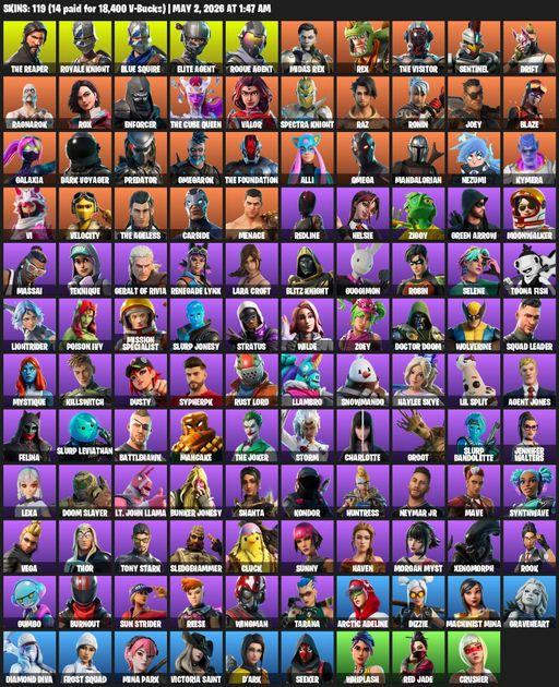 [PC/PSN] | 119 skins | Take The L | Royale Knight | The Reaper | Elite Agent | Blue Squire | Omega | Lara Croft | Rogue Agent | Midas Rex | Rex | Full Access
