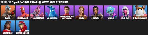 [PC/PSN/XBOX] | 12 skins | Ronin | Spider-Man | Lt. John Llama | Polar Peely | Spider-Man (No Way Home) | Haven | Shanta | Gumbo | Harlowe | Full Access