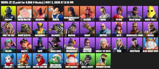 [PC/PSN/XBOX] | 37 skins | 700 V-bucks | Trilogy | Peter Griffin | Deadpool | Vegeta | Gear Specialist Maya | Valeria | Nisha | TNTina | Solid Snake | Full Access