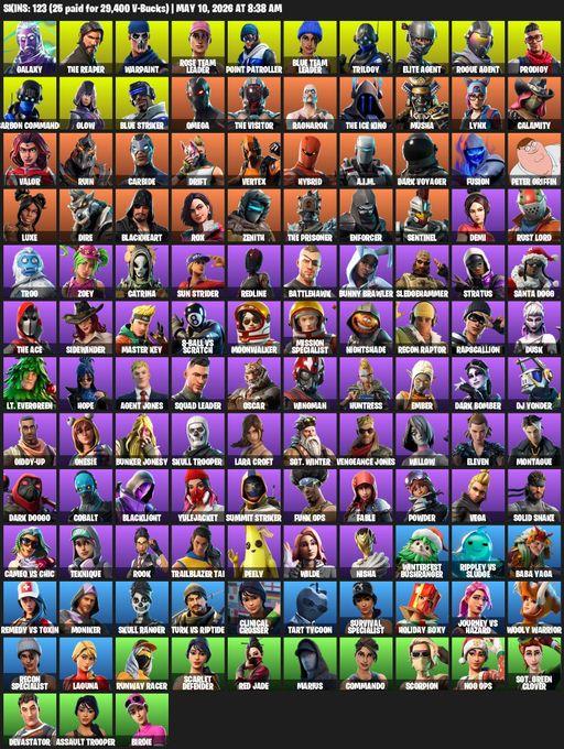 [PC/XBOX] | 123 skins | 1050 V-bucks | Take The L | OG STW | Galaxy | The Reaper | Elite Agent | Omega | Lara Croft | Warpaint | Rose Team Leader | Full Access