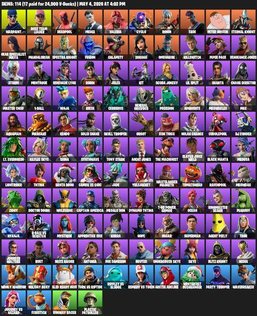 [PC/PSN/XBOX] | 114 skins | 3700 V-bucks | OG STW | Warpaint | Rose Team Leader | Deadpool | Midas | Valeria | Cyclo | Ronin | Fade | Peter Griffin | Full Access