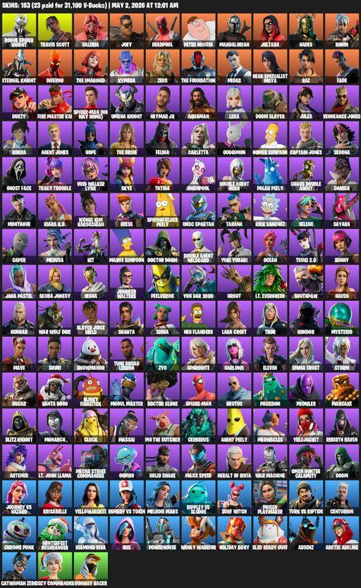 [PC/PSN] | 153 skins | Travis Scott | Lara Croft | Rogue Spider Knight | Valeria | Joey | Deadpool | Peter Griffin | Mandalorian | Joltara | Hades | Full Access