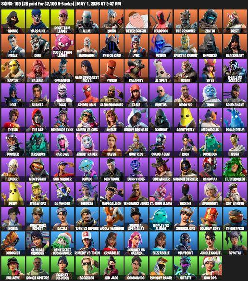 [PC/PSN/XBOX] | 109 skins | 650 V-bucks | OG STW | IKONIK | Warpaint | Rose Team Leader | A.I.M. | Ronin | Peter Griffin | Deadpool | The Prisoner | Full Access