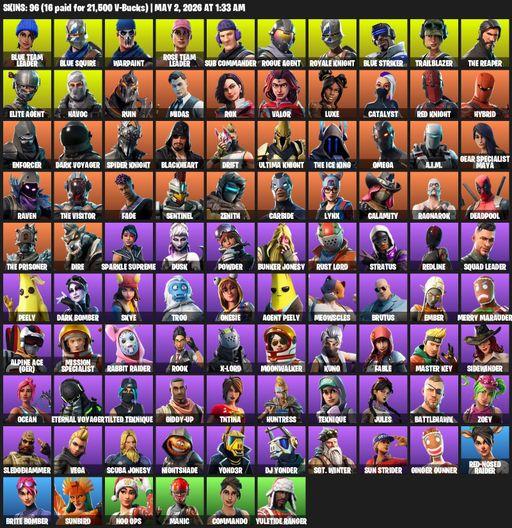 [PC/PSN/XBOX] | 96 skins | 1950 V-bucks | Take The L | OG STW | Royale Knight | The Reaper | Elite Agent | Blue Squire | Omega | Blue Team Leader | Full Access