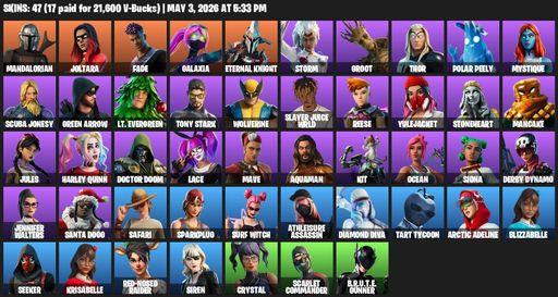 [PC/PSN/XBOX] | 47 skins | 500 V-bucks | Leviathan Axe | Mandalorian | Joltara | Fade | Galaxia | Eternal Knight | Storm | Groot | Thor | Polar Peely | Full Access