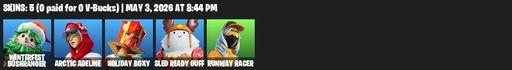 [PC/XBOX] | 5 skins | 700 V-bucks | Winterfest Bushranger | Arctic Adeline | Holiday Boxy | Sled Ready Guff | Runway Racer | Ember Pick | Full Access