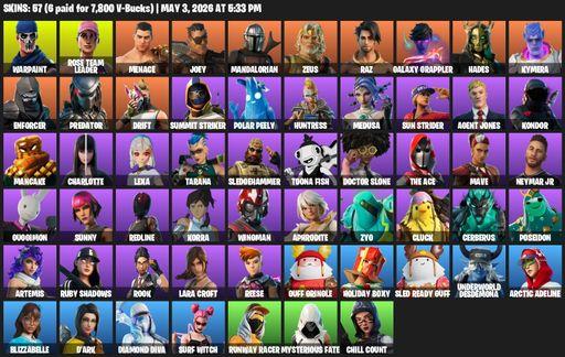 [PC/PSN/XBOX] | 57 skins | Leviathan Axe | OG STW | Lara Croft | Warpaint | Rose Team Leader | Menace | Joey | Mandalorian | Zeus | Raz | Full Access