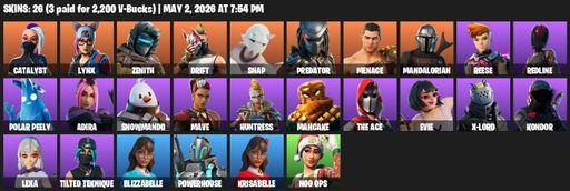 [PC/PSN] | 26 skins | Catalyst | Lynx | Zenith | Drift | Snap | Predator | Menace | Mandalorian | Reese | Redline | Polar Peely | Adira | Snowmando | Full Access
