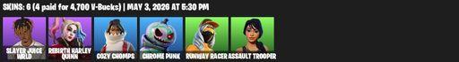 [PC/PSN/XBOX] | 6 skins | Slayer Juice WRLD | Rebirth Harley Quinn | Cozy Chomps | Chrome Punk | Runway Racer | Assault Trooper | Spider Snare | Full Access