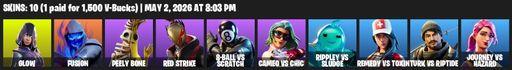 [PC/PSN/XBOX] | 10 skins | 650 V-bucks | Glow | Fusion | Peely Bone | Red Strike | 8-Ball vs Scratch | Cameo vs Chic | Rippley vs Sludge | Full Access