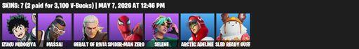 [PC/PSN/XBOX] | 7 skins | 750 V-bucks | Izuku Midoriya | Massai | Geralt of Rivia | Spider-Man Zero | Selene | Arctic Adeline | Sled Ready Guff | Full Access