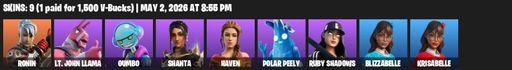 [PC/PSN] | 9 skins | 550 V-bucks | Ronin | Lt. John Llama | Gumbo | Shanta | Haven | Polar Peely | Ruby Shadows | Blizzabelle | Krisabelle | Full Access