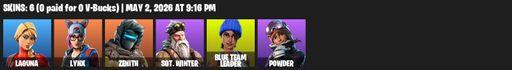 [PC/XBOX] | 6 skins | Laguna | Lynx | Zenith | Sgt. Winter | Blue Team Leader | Powder | Scorcher | Default Pickaxe | Party Animal | Scratchmark | Full Access