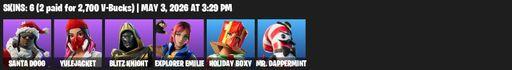 [PC/PSN] | 6 skins | 600 V-bucks | Santa Dogg | Yulejacket | Blitz Knight | Explorer Emilie | Holiday Boxy | Mr. Dappermint | Quicksilver Baton Spear | Full Access