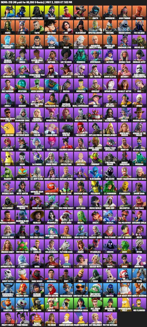 [PC] | 218 skins | Reaper Axe | Cloud Striker | Carbon Commando | Darth Vader | Xander | Prodigy | Calamity | Zenith | Omegarok | Kado Thorne | Hybrid | Full Access