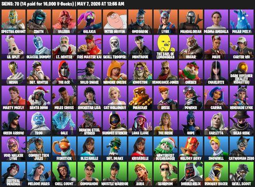 [PC/PSN/XBOX] | 70 skins | Spectra Knight | Zenith | Valeria | Galaxia | Peter Griffin | Omegarok | Lynx | Mandalorian | Padmé Amidala | Polar Peely | Full Access