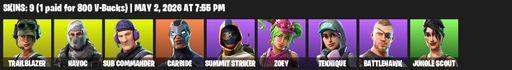 [PC/PSN/XBOX] | 9 skins | Trailblazer | Havoc | Sub Commander | Carbide | Summit Striker | Zoey | Teknique | Battlehawk | Jungle Scout | Tenderizer | Full Access