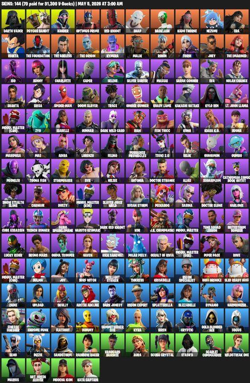 [PC/PSN/XBOX] | 144 skins | Leviathan Axe | Darth Vader | Psycho Bandit | Xander | Optimus Prime | Red Knight | Snap | Backlash | Kado Thorne | Nezumi | Full Access