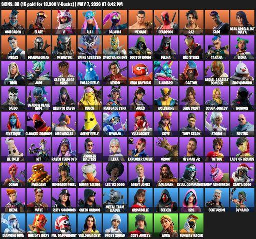 [PC] | 88 skins | 950 V-bucks | Leviathan Axe | Lara Croft | Omegarok | Blaze | Vi | Alli | Galaxia | Menace | Deadpool | Raz | Fade | Full Access