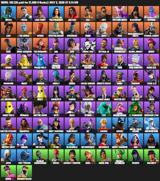 [PC/PSN/XBOX] | 102 skins | 650 V-bucks | Leviathan Axe | Lara Croft | Reflex | Midas | Yellowjacket | Joltara | Raz | Joey | The Cube Queen | Full Access
