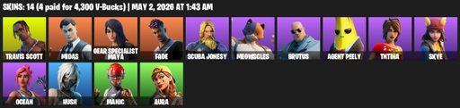 [PC/XBOX] | 14 skins | Travis Scott | Midas | Gear Specialist Maya | Fade | Scuba Jonesy | Meowscles | Brutus | Agent Peely | TNTina | Skye | Ocean | Full Access