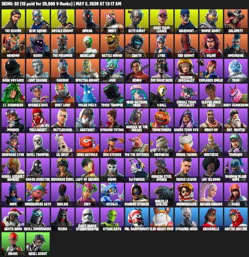 [PC/PSN/XBOX] | 92 skins | Take The L | OG STW | Royale Knight | The Reaper | Elite Agent | Blue Squire | Omega | Drift | Rose Team Leader | Warpaint | Full Access