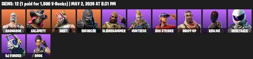 [PC/XBOX] | 12 skins | Ragnarok | Calamity | Drift | Enforcer | Sledgehammer | Huntress | Sun Strider | Giddy-up | Redline | Overtaker | DJ Yonder | Full Access