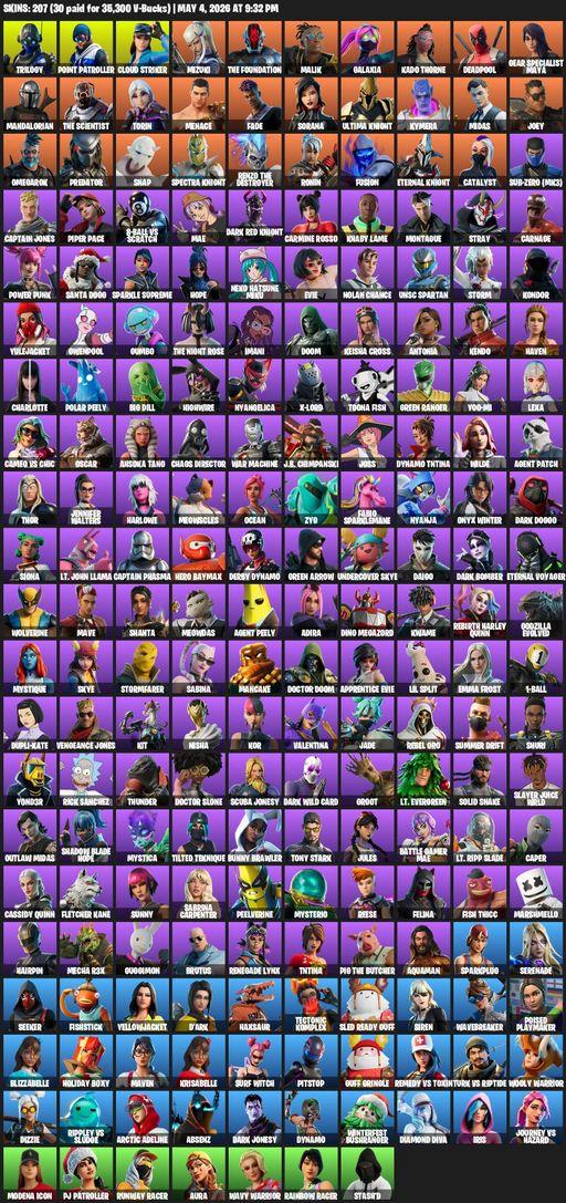 [PC/XBOX] | 207 skins | 700 V-bucks | Trilogy | Point Patroller | Cloud Striker | Mizuki | The Foundation | Malik | Galaxia | Kado Thorne | Deadpool | Full Access