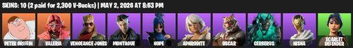 [PC/PSN/XBOX] | 10 skins | Peter Griffin | Valeria | Vengeance Jones | Montague | Hope | Aphrodite | Oscar | Cerberus | Nisha | Scarlet Defender | Full Access