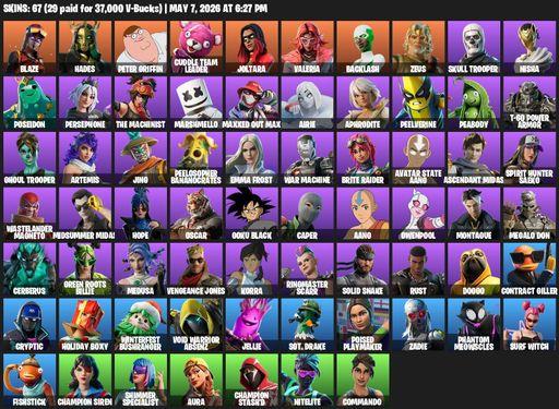 [PC/PSN/XBOX] | 67 skins | Blaze | Hades | Peter Griffin | Cuddle Team Leader | Joltara | Valeria | Backlash | Zeus | Skull Trooper  | Nisha | Full Access