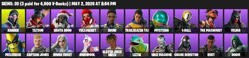 [PC/PSN/XBOX] | 20 skins | 650 V-bucks | Xander | Tatsuo | Santa Dogg | Yulejacket | Shuri | Trailblazer Tai | Mysterio | 1-Ball | The Machinist | Full Access