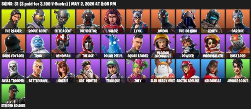[PC/PSN/XBOX] | 31 skins | Take The L | The Reaper | Elite Agent | Omega | Rogue Agent | The Visitor | Valor | Lynx | The Ice King | Zenith | Carbide | Full Access