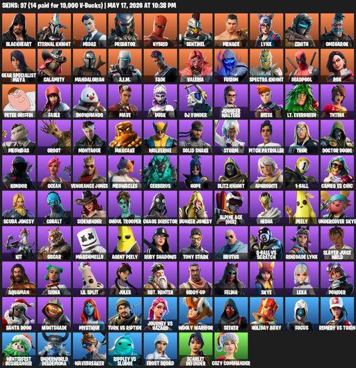 [PC/XBOX] | 97 skins | 2650 V-bucks | Merry Mint Axe | Blackheart | Eternal Knight | Midas | Predator | Hybrid | Sentinel | Menace | Lynx | Zenith | Full Access