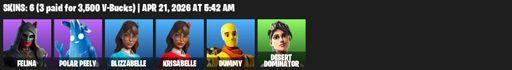[PC/PSN/XBOX] | 6 skins | 700 V-bucks | Felina | Polar Peely | Blizzabelle | Krisabelle | Dummy | Desert Dominator | Blade of the Waning Moon | Full Access