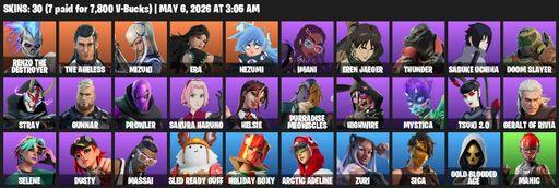 [PC/PSN] | 30 skins | Renzo the Destroyer | The Ageless | Mizuki | Era | Nezumi | Imani | Eren Jaeger | Thunder | Sasuke Uchiha | Doom Slayer | Stray | Full Access