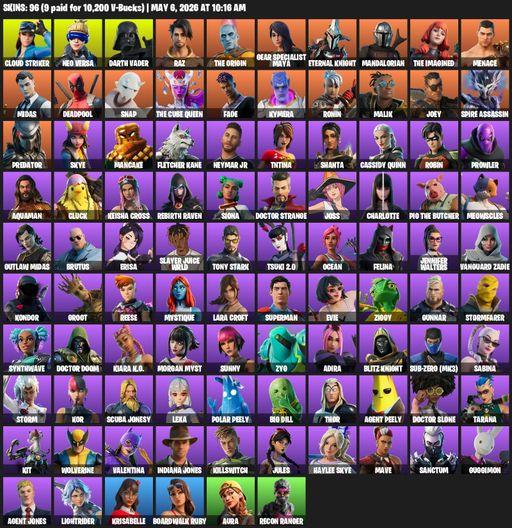 [PC/XBOX] | 96 skins | 1300 V-bucks | Lara Croft | Cloud Striker | Neo Versa | Darth Vader | Raz | The Origin | Gear Specialist Maya | Eternal Knight | Full Access