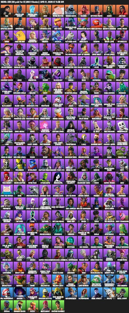 [PC/PSN/XBOX] | 235 skins | Era | Frozen Red Knight | Frozen Love Ranger | Zeus | Peter Griffin | Frozen Raven | Valeria | Optimus Prime | Hades | Full Access