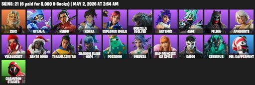 [PC/PSN/XBOX] | 21 skins | Zeus | Nyanja | Kendo | Korra | Explorer Emilie | Godzilla Evolved | Artemis | Jade | Felina | Aphrodite | Yulejacket | Full Access