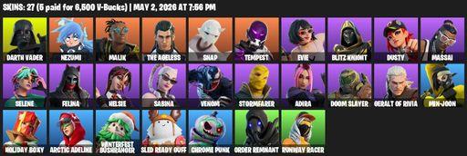 [PC/PSN/XBOX] | 27 skins | 900 V-bucks | Darth Vader | Nezumi | Malik | The Ageless | Snap | Tempest | Evie | Blitz Knight | Dusty | Massai | Selene | Full Access