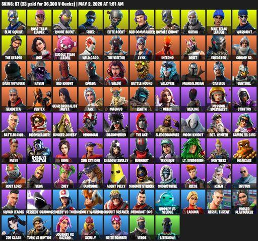 [PC/XBOX] | 87 skins | Take The L | OG STW | Royale Knight | The Reaper | Elite Agent | Blue Squire | Omega | Rose Team Leader | Rogue Agent | Fixer | Full Access