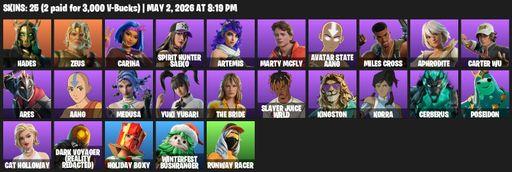 [PC/PSN/XBOX] | 25 skins | Hades | Zeus | Carina | Spirit Hunter Saeko | Artemis | Marty McFly | Avatar State Aang | Miles Cross | Aphrodite | Full Access