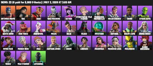 [PC/PSN/XBOX] | 33 skins | Optimus Prime | Era | Rian | War Machine | Astrea | Streetwear Yuji Itadori | Purradise Meowscles | Nolan Chance | Shuri | Full Access
