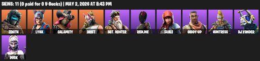 [PC/PSN] | 11 skins | Zenith | Lynx | Calamity | Drift | Sgt. Winter | Redline | Fable | Giddy-up | Huntress | DJ Yonder | Dusk | Reckoning | Full Access