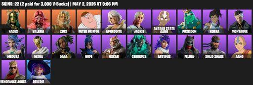 [PC/XBOX] | 22 skins | 700 V-bucks | Hades | Valeria | Zeus | Peter Griffin | Aphrodite | Jackie | Avatar State Aang | Poseidon | Korra | Montague | Full Access