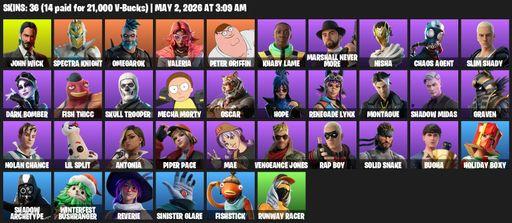 [PC/PSN/XBOX] | 36 skins | John Wick | Spectra Knight | Omegarok | Valeria | Peter Griffin | Khaby Lame | Marshall Never More | Nisha | Chaos Agent | Full Access