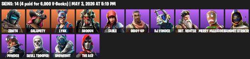 [PC/PSN/XBOX] | 14 skins | Zenith | Calamity | Lynx | Shogun | Fable | Giddy-up | DJ Yonder | Sgt. Winter | Merry Marauder | Summit Striker | Powder | Full Access