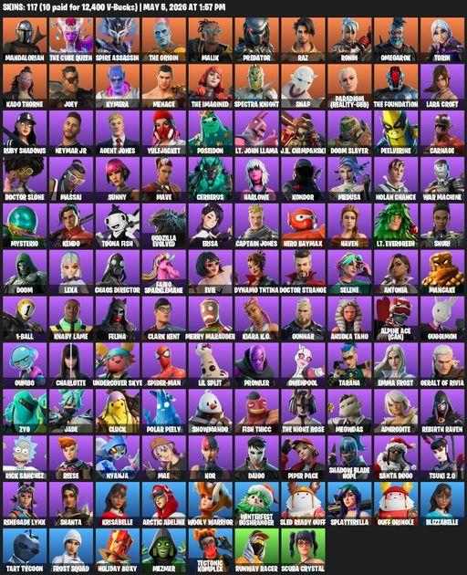 [PC/PSN/XBOX] | 117 skins | 2600 V-bucks | Lara Croft | Mandalorian | The Cube Queen | Spire Assassin | The Origin | Malik | Predator | Raz | Ronin | Full Access