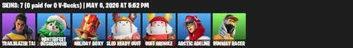 [PC/PSN/XBOX] | 7 skins | Trailblazer Tai | Winterfest Bushranger | Holiday Boxy | Sled Ready Guff | Guff Gringle | Arctic Adeline | Runway Racer | Full Access