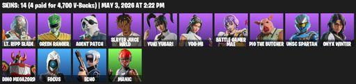 [PC/PSN/XBOX] | 14 skins | Lt. Ripp Slade | Green Ranger | Agent Patch | Slayer Juice WRLD | Yuki Yubari | Yoo-mi | Battle Gamer Mae | Pig the Butcher | Full Access