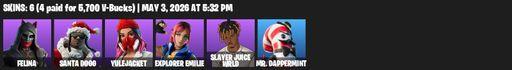 [PC/PSN] | 6 skins | Felina | Santa Dogg | Yulejacket | Explorer Emilie | Slayer Juice WRLD | Mr. Dappermint | Outlaw's Whipknives | Shamisen Electric | Full Access